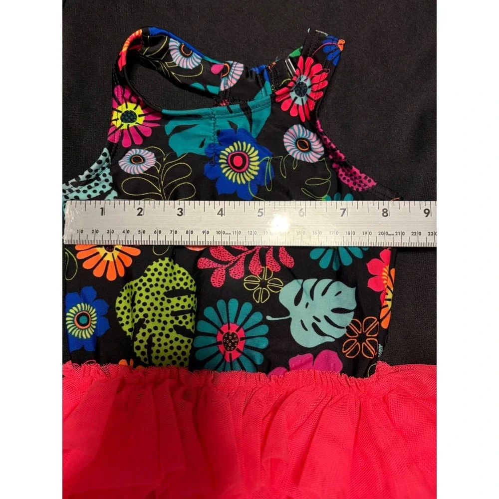 Cat & Jack Baby Girls 18M Floral Tutu One Piece Swimsuit Black Neon Ruffle